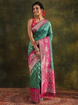 Libas - Green Bandhani Woven Design Zari Border Saree with Unstitched Blouse