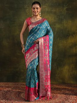 Libas - Blue Bandhani Woven Design Zari Border Saree with Unstitched Blouse