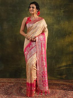 Libas - Cream Bandhani Woven Design Zari Border Saree with Unstitched Blouse