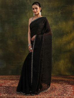 Libas - Black Beads Embellished Border Saree with Unstitched Blouse