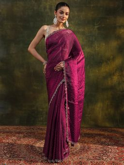 Libas - Wine Beads Embellished Border Saree with Unstitched Blouse