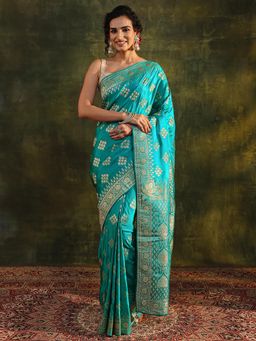 Libas Art - Green Ethnic Motif Woven Design Border Saree with Unstitched Blouse