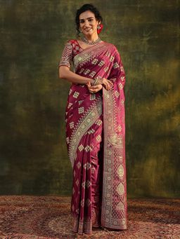 Libas Art - Maroon Ethnic Motif Woven Design Border Saree with Unstitched Blouse