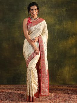 Libas Art - Cream Floral Woven Design Beads Border Saree with Unstitched Blouse