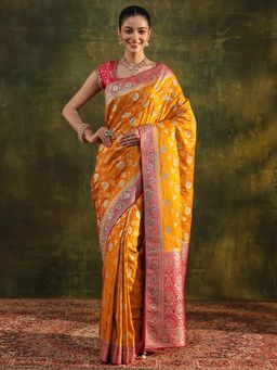 Libas Art - Yellow Floral Woven Design Beads Border Saree with Unstitched Blouse