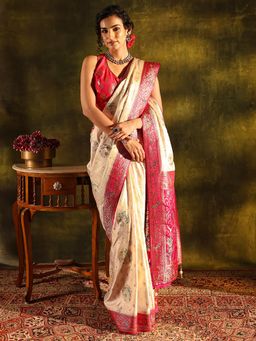 Libas Art - Off White Ethnic Motif Woven Design Beads Embellished Border Saree with Unstitched Blouse