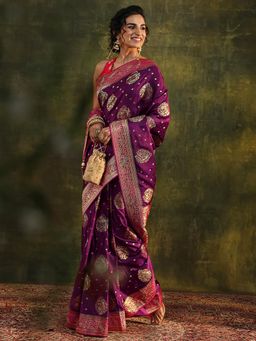 Libas Art - Purple Floral Woven Design Border Saree with Unstitched Blouse