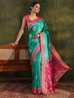 Libas Art - Green Floral Woven Design Border Saree with Unstitched Blouse