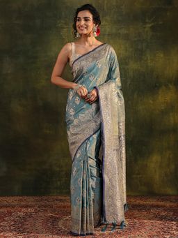 Libas - Grey Ethnic Motif Woven Design Border Saree with Unstitched Blouse