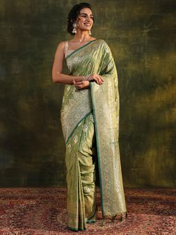 Libas - Green Ethnic Motif Woven Design Border Saree with Unstitched Blouse