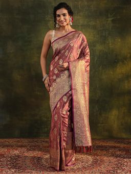 Libas - Peach Ethnic Motif Woven Design Border Saree with Unstitched Blouse