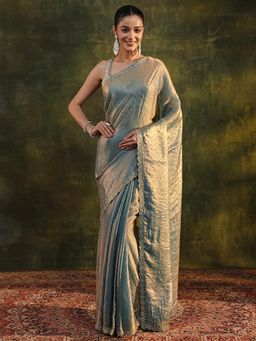 Libas - Blue Beads Embellished Border Saree with Unstitched Blouse