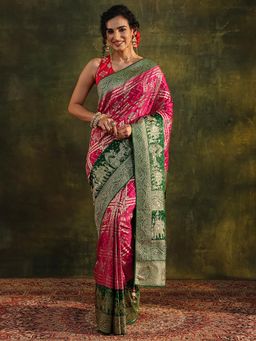 Libas Art - Pink Ethnic Motif Woven Design Beads Embellished Border Saree with Unstitched Blouse