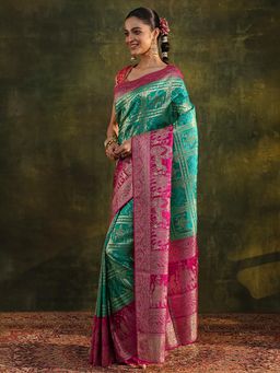 Libas Art - Green Ethnic Motif Woven Design Beads Embellished Border Saree with Unstitched Blouse