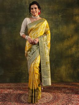 Libas Art - Mustard Ethnic Motif Woven Design Beads Embellished Border Saree with Unstitched Blouse