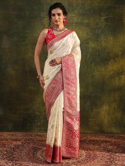 Libas - Cream Ethnic Motif Zari Woven Design Beads Embellished Border Saree with Unstitched Blouse