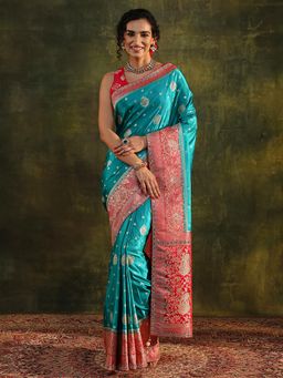 Libas - Blue Ethnic Motif Zari Woven Design Beads Embellished Border Saree with Unstitched Blouse