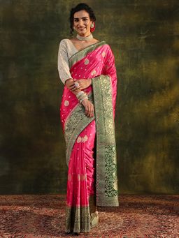 Libas - Pink Ethnic Motif Zari Woven Design Beads Embellished Border Saree with Unstitched Blouse