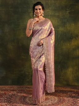Libas - Purple Floral Beads Embellished Border Saree with Unstitched Blouse