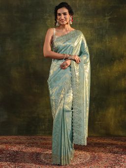 Libas - Blue Floral Beads Embellished Border Saree with Unstitched Blouse