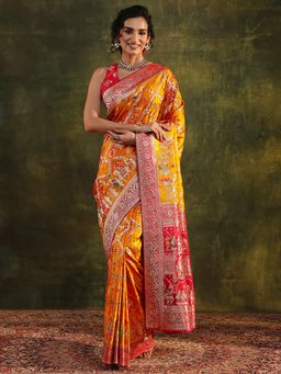 Libas Art - Yellow Tribal Woven Design Zari Border Saree with Unstitched Blouse