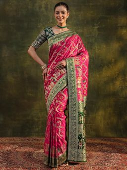 Libas Art - Pink Tribal Woven Design Zari Border Saree with Unstitched Blouse