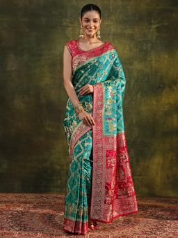 Libas Art - Blue Tribal Woven Design Zari Border Saree with Unstitched Blouse