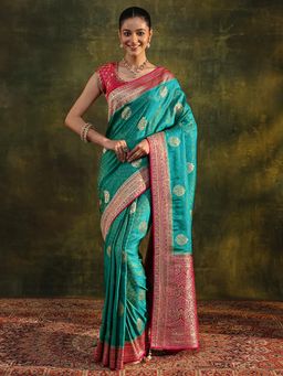 Libas Art - Blue Ethnic Motif Woven Design Zari Border Saree with Unstitched Blouse