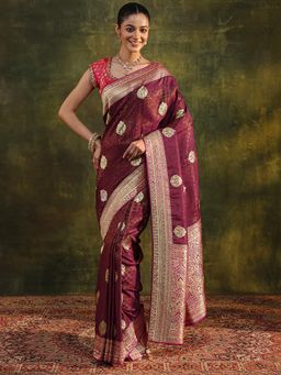 Libas Art - Maroon Ethnic Motif Woven Design Zari Border Saree with Unstitched Blouse