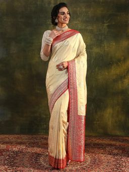 Libas Art - Cream Ethnic Motif Woven Design Zari Border Saree with Unstitched Blouse