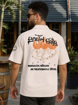 Bewakoof - Men's Beige Youth Gang Graphic Printed Oversized Shirt