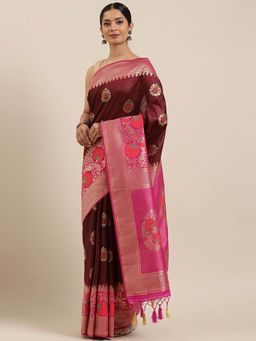 Mimosa - Kanchipuram Style Art Silk Saree Brown With Unstitched Blouse