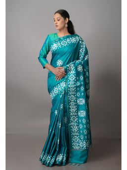 Unnati Silks - Turquoise Pure Batik Chanderi Silk Saree with Unstitched Blouse