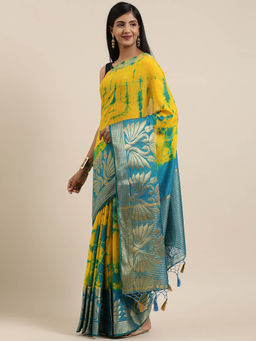 Mimosa - Banarasi Style linen Saree Multicolored With Unstitched Blouse