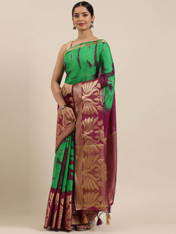 Mimosa - Women Banarasi Style Linen Saree With Unstitched Blouse