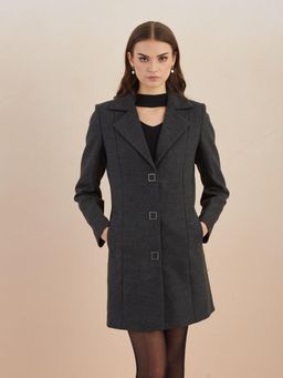 Latin Quarters - Women Black Solid Full Sleeves Lapel Neck Long Coat for Casual Occasion