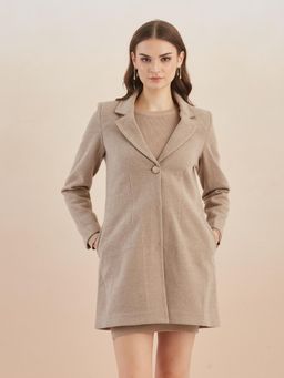 Latin Quarters - Women Beige Solid Full Sleeves Lapel Neck Long Coat for Casual Occasion
