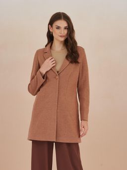 Latin Quarters - Women Brown Solid Full Sleeves Lapel Neck Long Coat for Casual Occasion