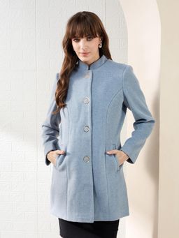 Latin Quarters - Women Blue Full Sleeves Mandarin Collar Solid Casual Thigh Length Coat