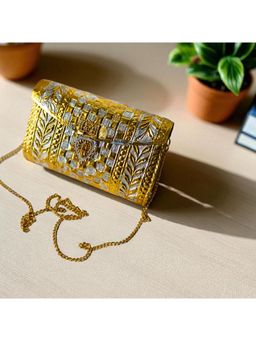 Tash Bags - Dual Tone Checkered Pattern Brass Ethnic Clutch with Detachable Chain
