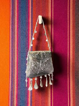 Tash Bags - Ornate Silver Tassels With Coins And Ghungroo Latkans Clutch