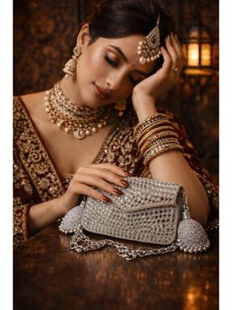 Tash Bags - Sheesh Mahal Glass Mosic Brass Clutch- Silver