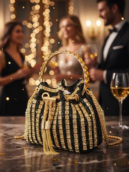 Sassora - Synthetic Leather With Embellished Potli Bag with Detachable Chain -Black (Small)