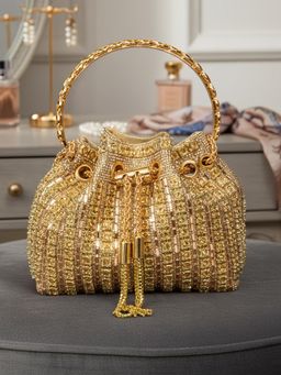 Sassora - Synthetic Leather With Embellished Potli Bag with Detachable Chain-Gold (Small)