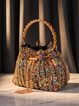 Sassora - Synthetic Leather Embellished Potli Bag with Detachable Chain -Multi-Color (Small)