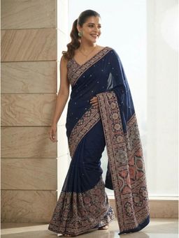 Nyri - Embellished Mirrorwork Ajrak Modal Silk Saree - Navy Blue