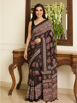 Nyri - Embellished Mirrorwork Ajrak Modal Silk Saree - Brown