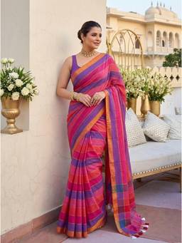 Nyri - Striped Linen Blend Saree - Multi-Color