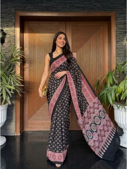 Nyri - Embellished Mirrorwork Ajrak Modal Silk Saree - Black