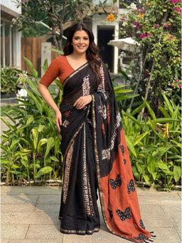 Nyri - Printed Cotton Blend Saree - Black